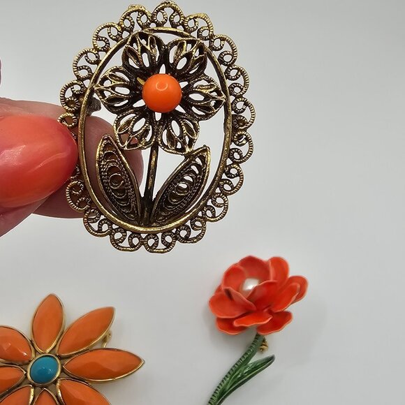 VTG 3PC Brooch Lot Fairycore Orange Gold Tone Whimsy Feminine Charming Boho Pins - Picture 4 of 13